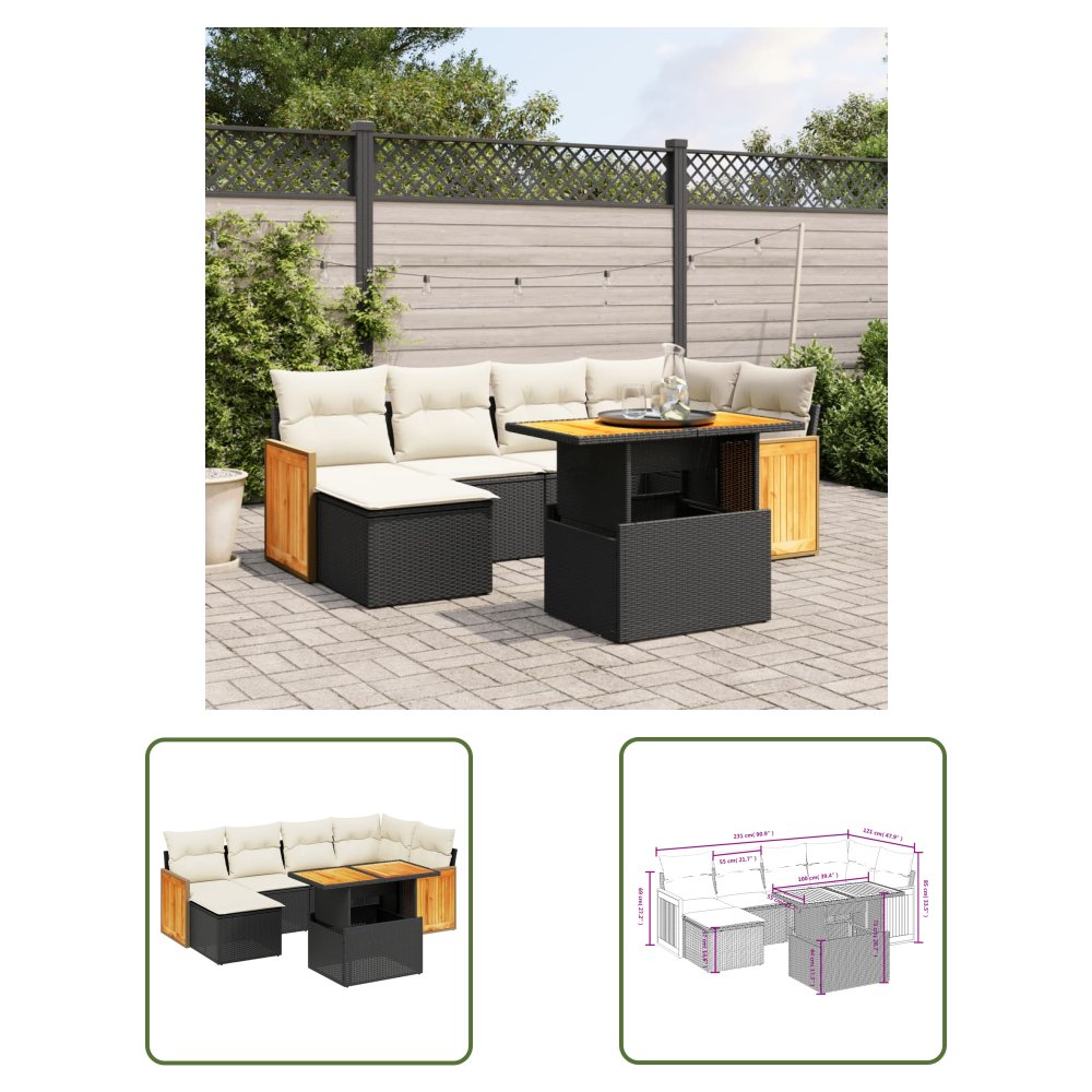 The Living Store 7-cz. zestaw wypoczynkowy do ogrodu - z poduszkami - czarny - Sofa Ogrodowa