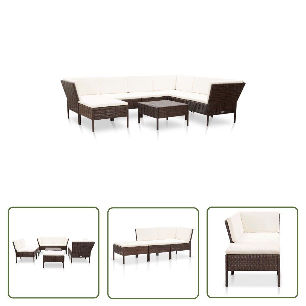 The Living Store 8-cz. zestaw wypoczynkowy do ogrodu - poduszki - rattan PE - brąz - Sofa Ogrodowa I Stół