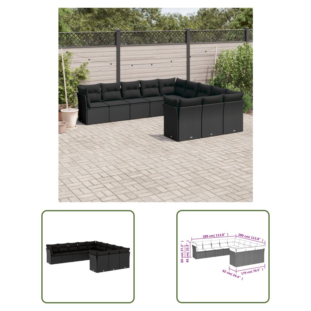 The Living Store 11-cz. zestaw wypoczynkowy do ogrodu - poduszki czarny rattan PE - Sofa Ogrodowa