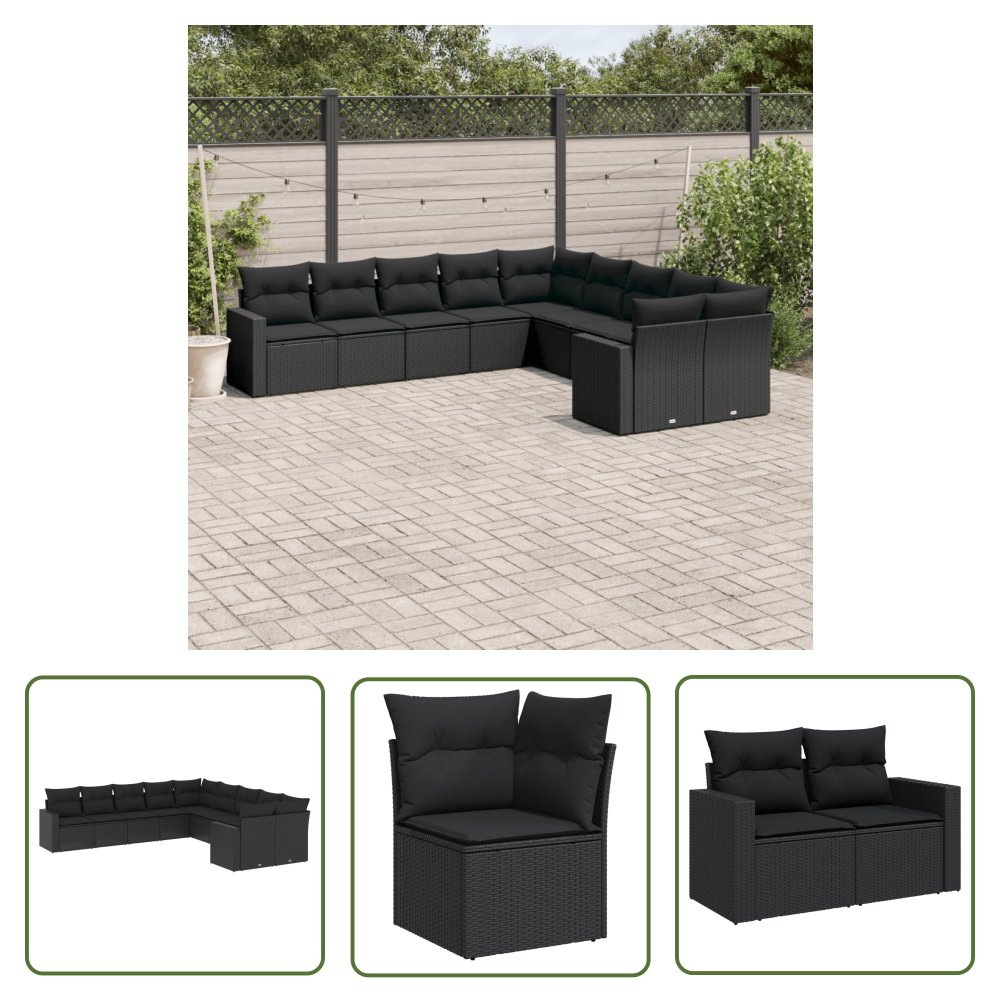 The Living Store 10-cz. zestaw wypoczynkowy do ogrodu - poduszki czarny rattan PE - Sofa Ogrodowa