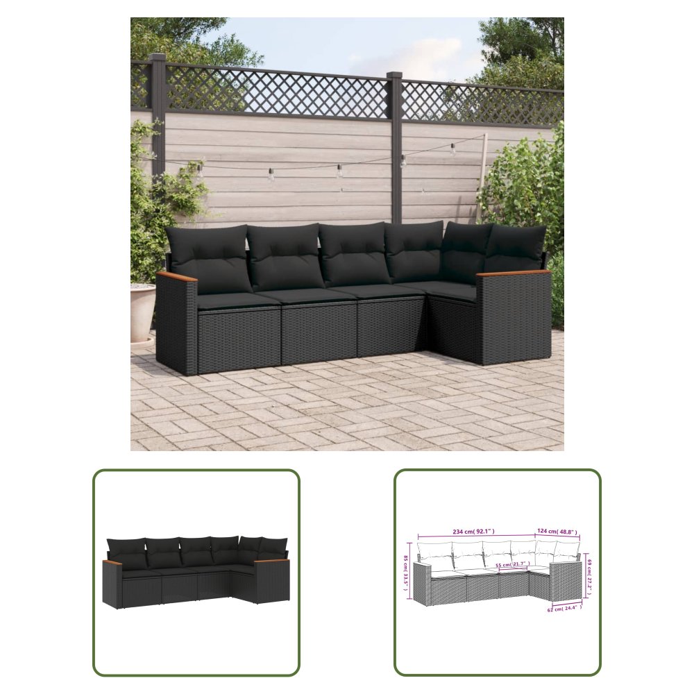 The Living Store 5-cz. zestaw wypoczynkowy do ogrodu - poduszki - czarny rattan PE - Sofa Ogrodowa