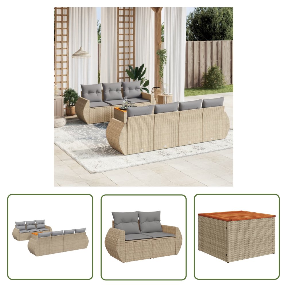 The Living Store 8-cz. zestaw mebli ogrodowych z poduszkami - beżowy - polirattan - Sofa Ogrodowa