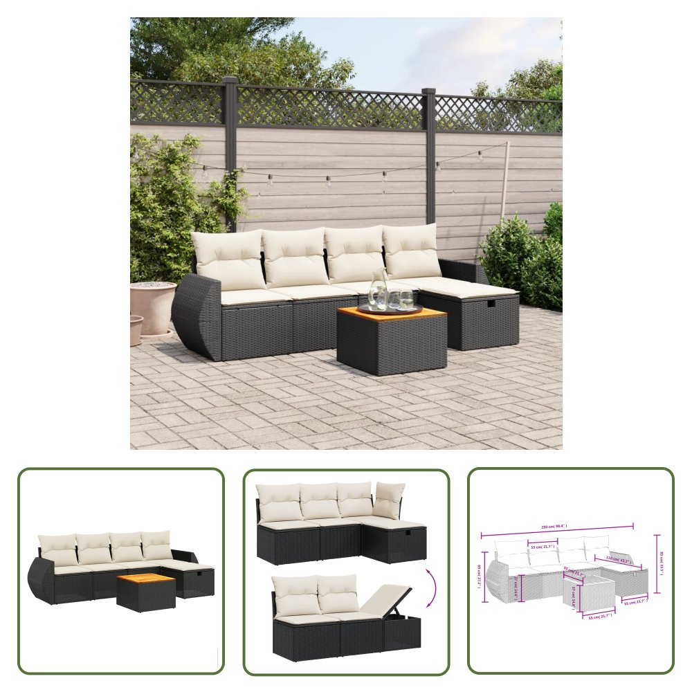 The Living Store 6-cz. zestaw mebli ogrodowych z poduszkami - czarny polirattan - Sofa Ogrodowa