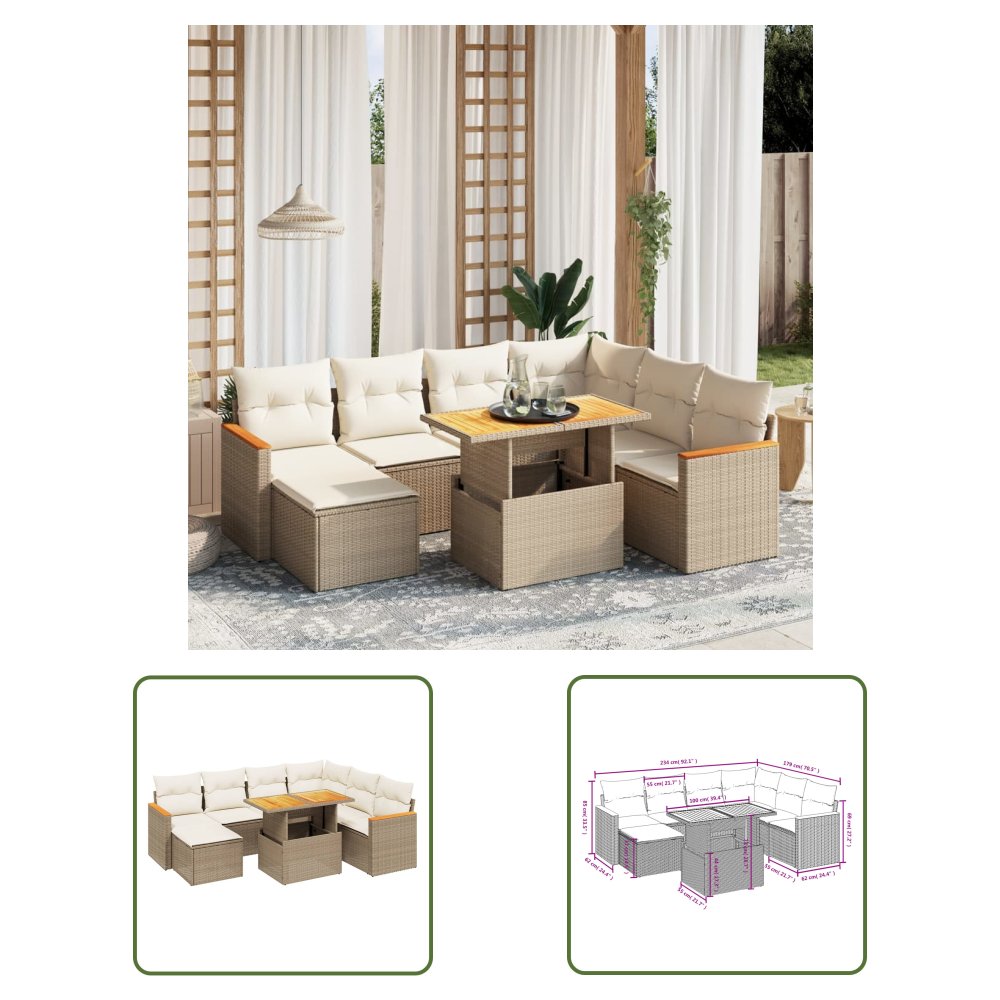 The Living Store 8-cz. zestaw mebli ogrodowych z poduszkami - beżowy - polirattan - Sofa Ogrodowa