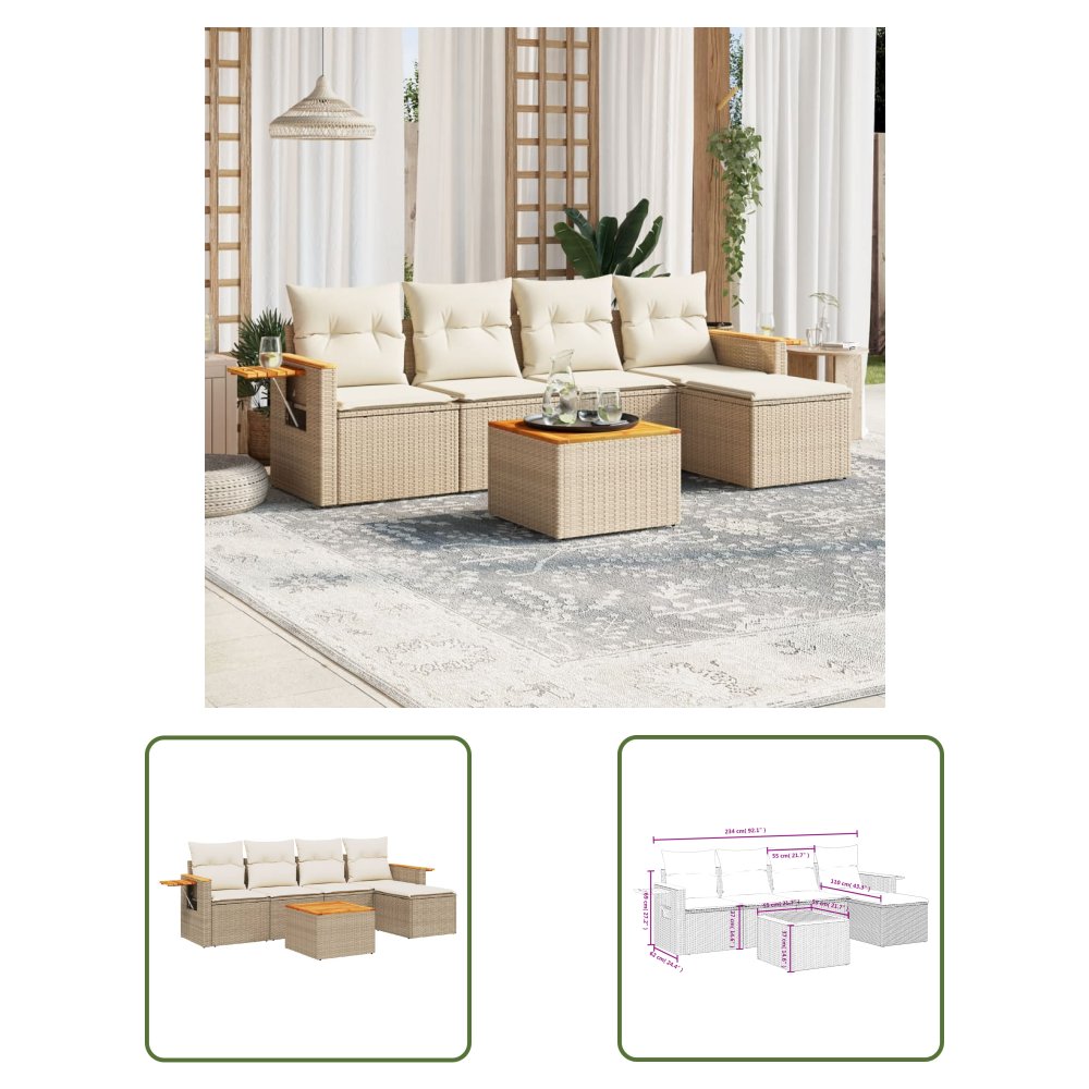 The Living Store 6-cz. zestaw mebli ogrodowych z poduszkami - beżowy - polirattan - Sofa Ogrodowa