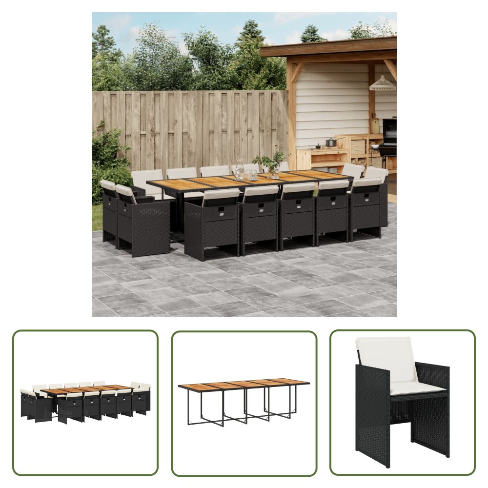 The Living Store 15-cz. zestaw mebli ogrodowych z poduszkami - czarny - rattan PE - Meble Ogrodowe