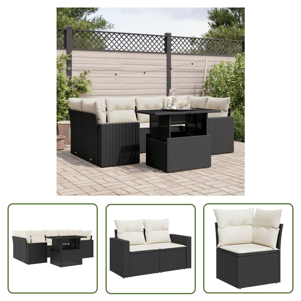 The Living Store 7-cz. zestaw wypoczynkowy do ogrodu - z poduszkami - czarny - Sofa Ogrodowa