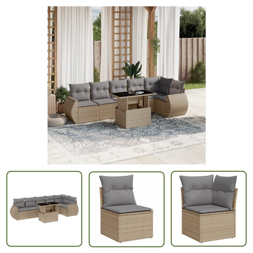 The Living Store 7-cz. zestaw wypoczynkowy do ogrodu - z poduszkami - beżowy - Sofa Ogrodowa