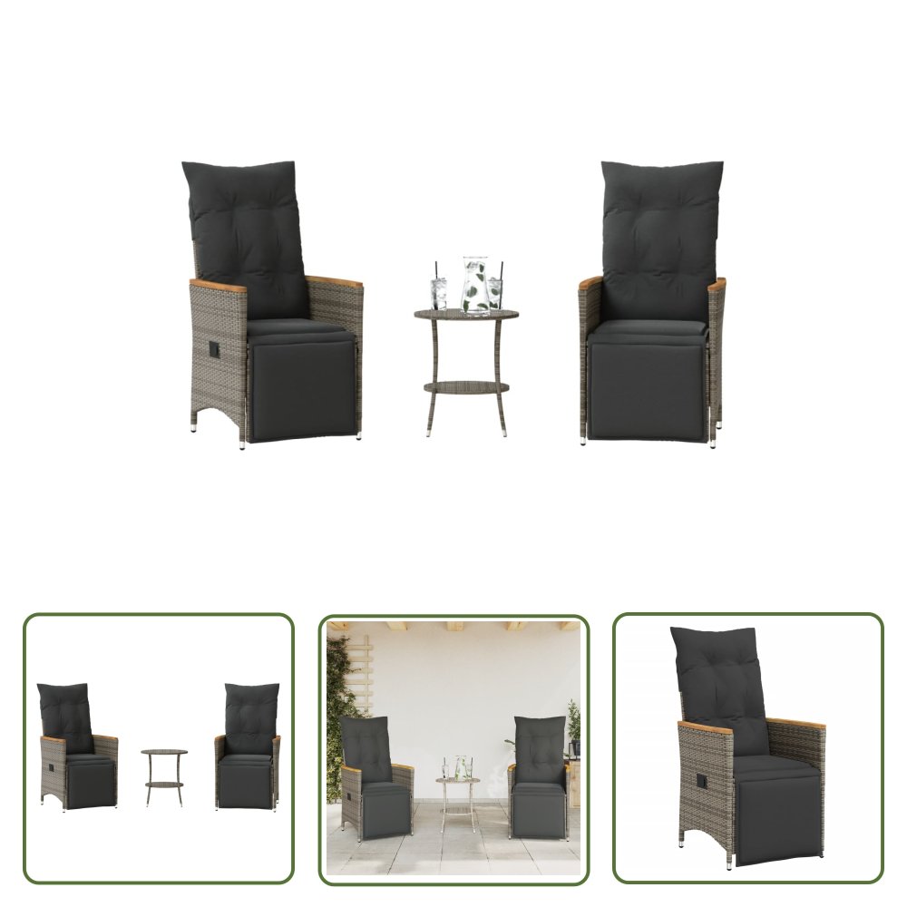 The Living Store 3-cz. zestaw mebli bistro z poduszkami - szary - polirattan - Meble Ogrodow