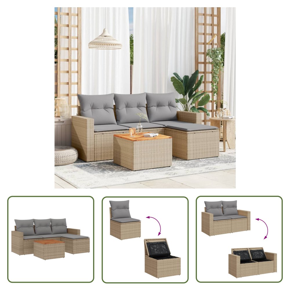 The Living Store 5-cz. zestaw mebli ogrodowych z poduszkami - mieszany beż - Sofa Ogrodowa