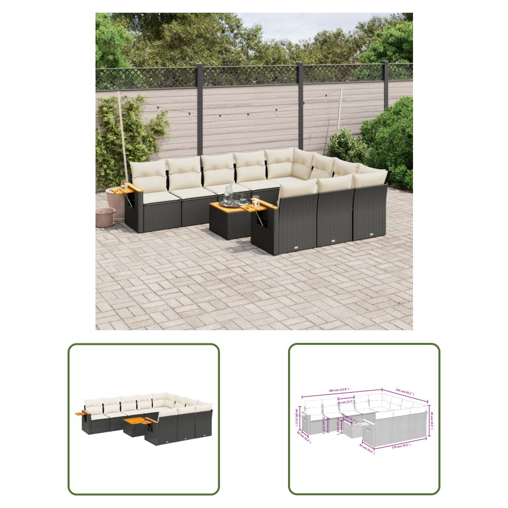 The Living Store 11-cz. zestaw wypoczynkowy do ogrodu - poduszki czarny rattan PE - Sofa Ogrodowa