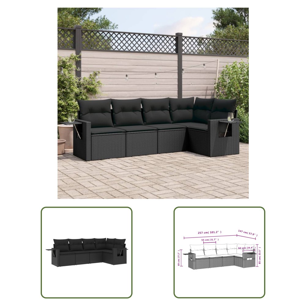 The Living Store 5-cz. zestaw wypoczynkowy do ogrodu - poduszki - czarny rattan PE - Sofa Ogrodowa
