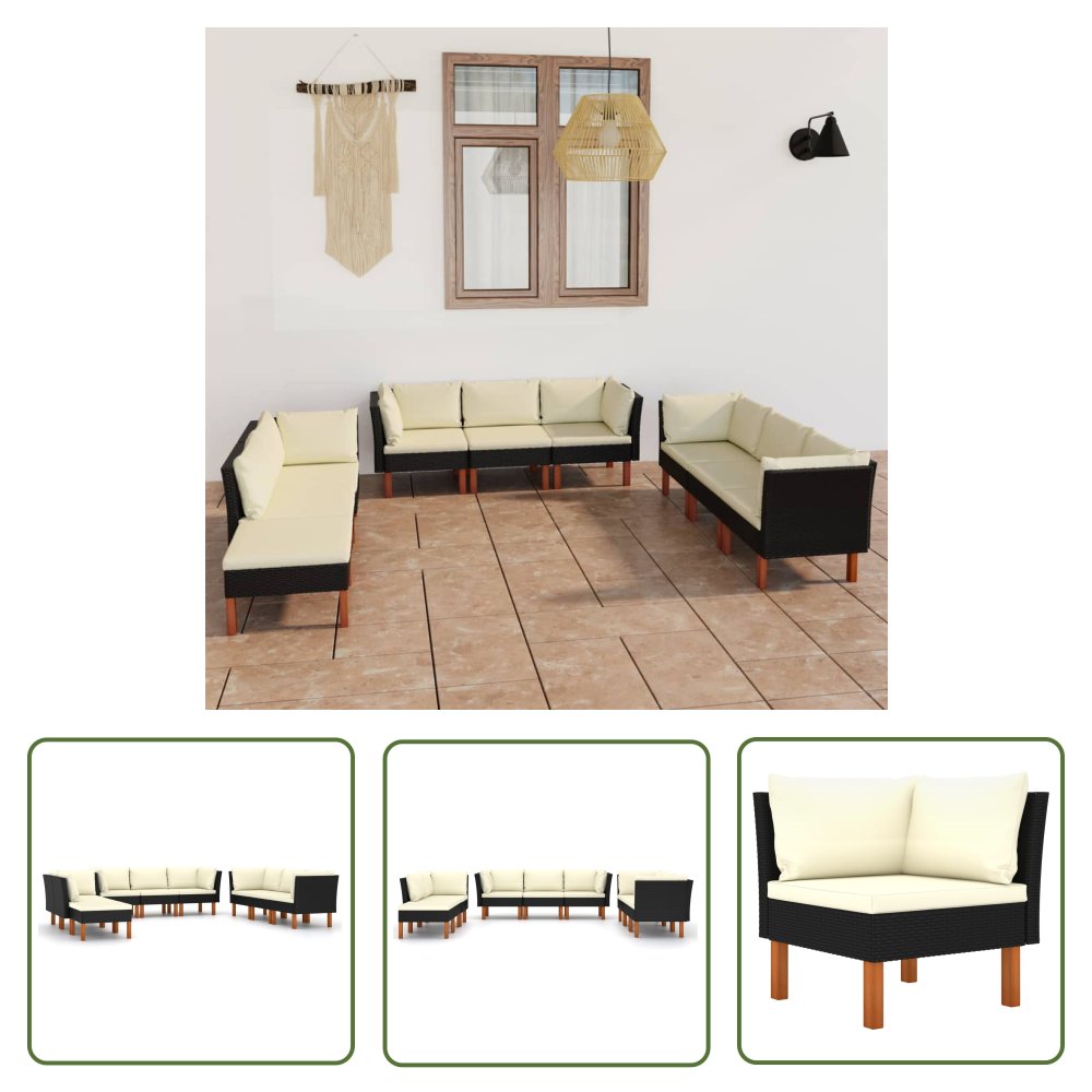 The Living Store 9-cz. zestaw wypoczynkowy do ogrodu - poduszki - rattan PE czarny - Ogrodowy Zestaw Wypoczynkowy