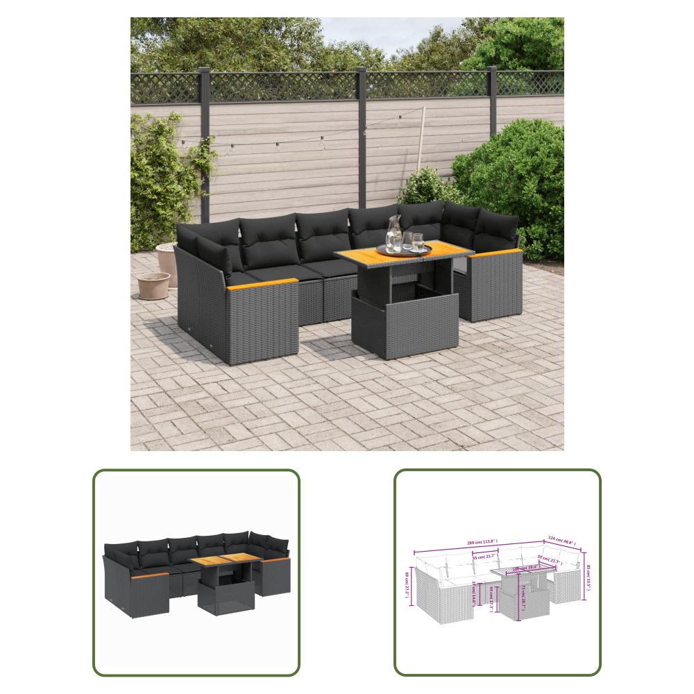 The Living Store 8-cz. zestaw wypoczynkowy do ogrodu - z poduszkami - czarny - Sofa Ogrodowa