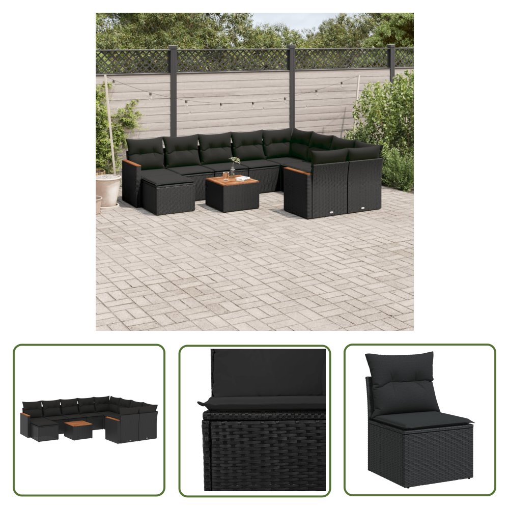 The Living Store 11-cz. zestaw wypoczynkowy do ogrodu - poduszki czarny rattan PE - Sofa Ogrodowa