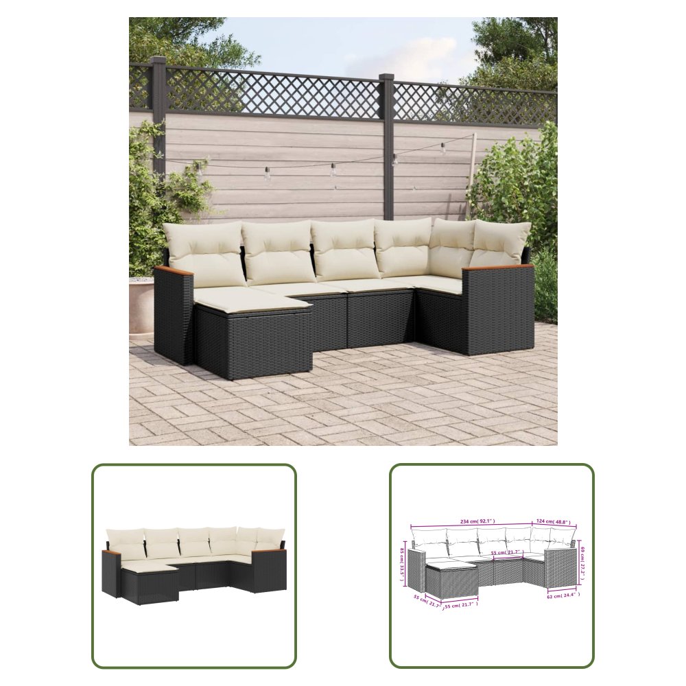 The Living Store 6-cz. zestaw mebli ogrodowych z poduszkami - czarny polirattan - Sofa Ogrodowa