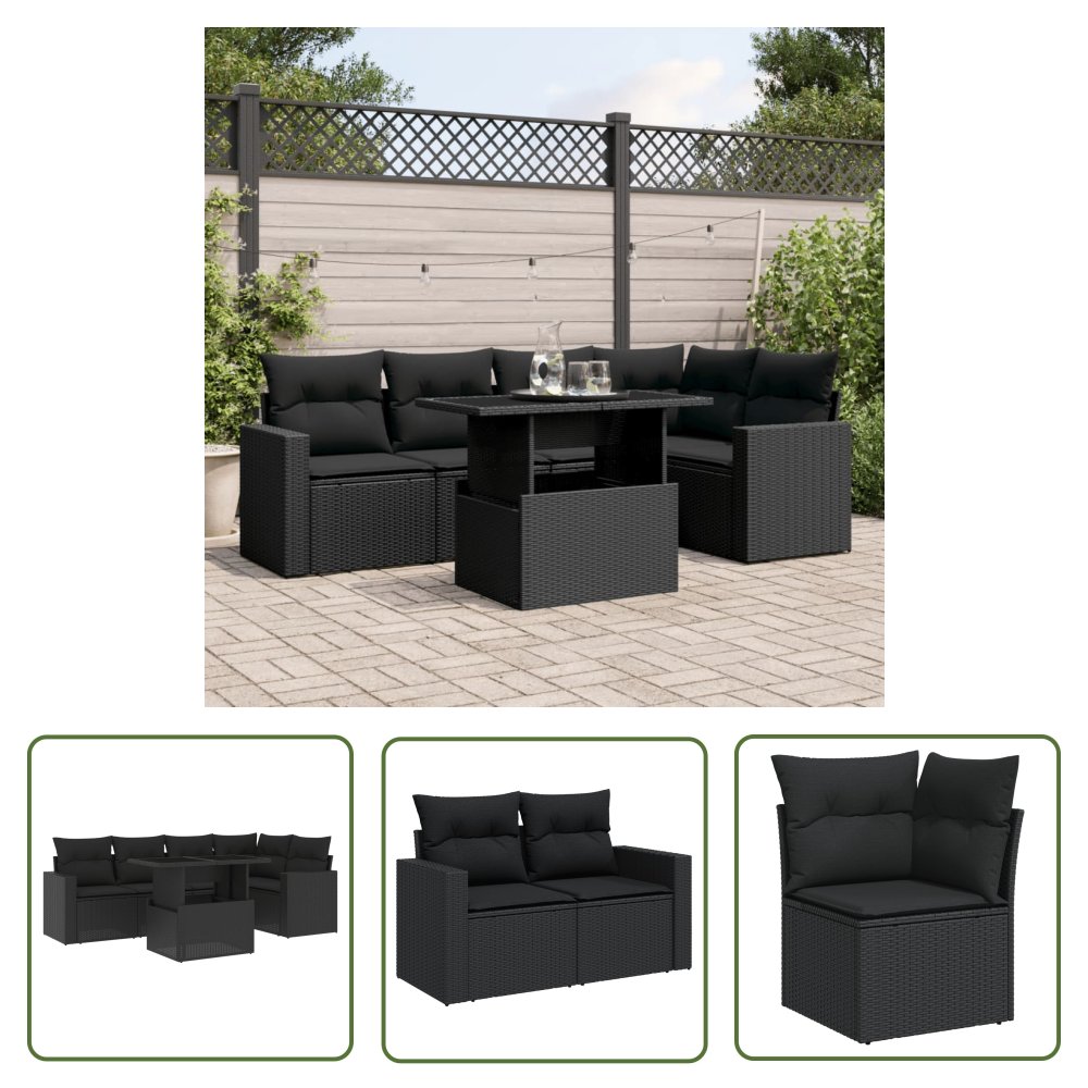 The Living Store 6-cz. zestaw mebli ogrodowych z poduszkami - czarny polirattan - Sofa Ogrodowa