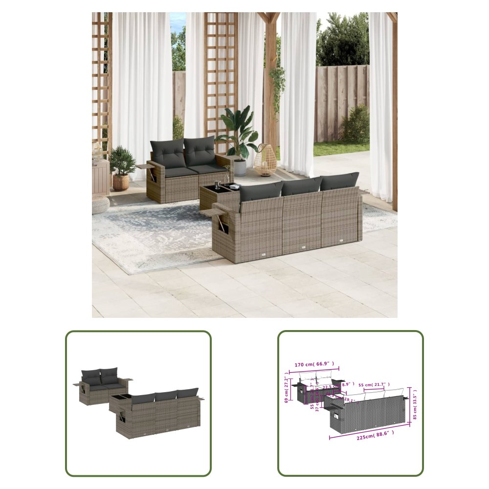 The Living Store 6-cz. zestaw mebli ogrodowych z poduszkami - szary - polirattan - Sofa Ogrodowa