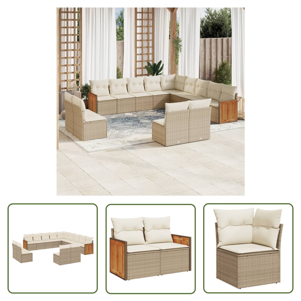 The Living Store 13-cz. zestaw mebli ogrodowych z poduszkami - beżowy - polirattan - Sofa Ogrodowa