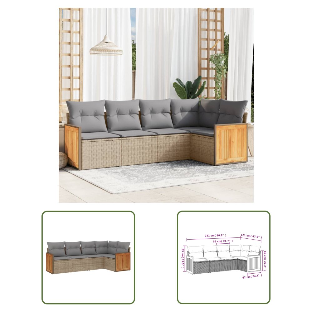 The Living Store 5-cz. zestaw mebli ogrodowych z poduszkami - beżowy - polirattan - Sofa Ogrodowa