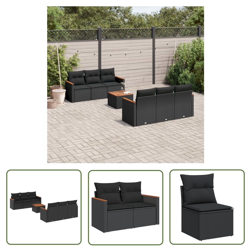 The Living Store 7-cz. zestaw wypoczynkowy do ogrodu - z poduszkami - czarny - Sofa Ogrodowa