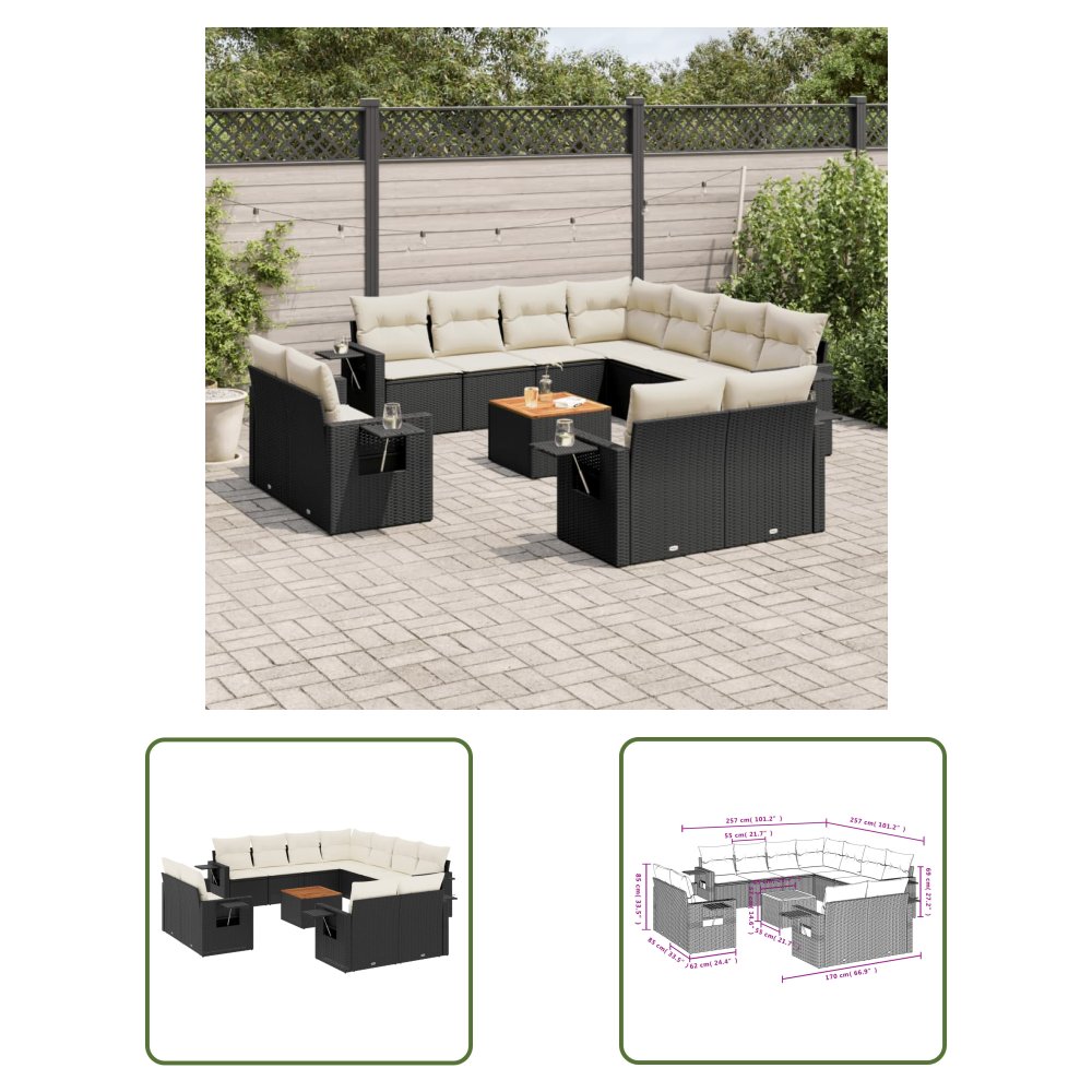The Living Store 12-cz. zestaw mebli do ogrodu - z poduszkami - czarny - polirattan - Sofa Ogrodowa