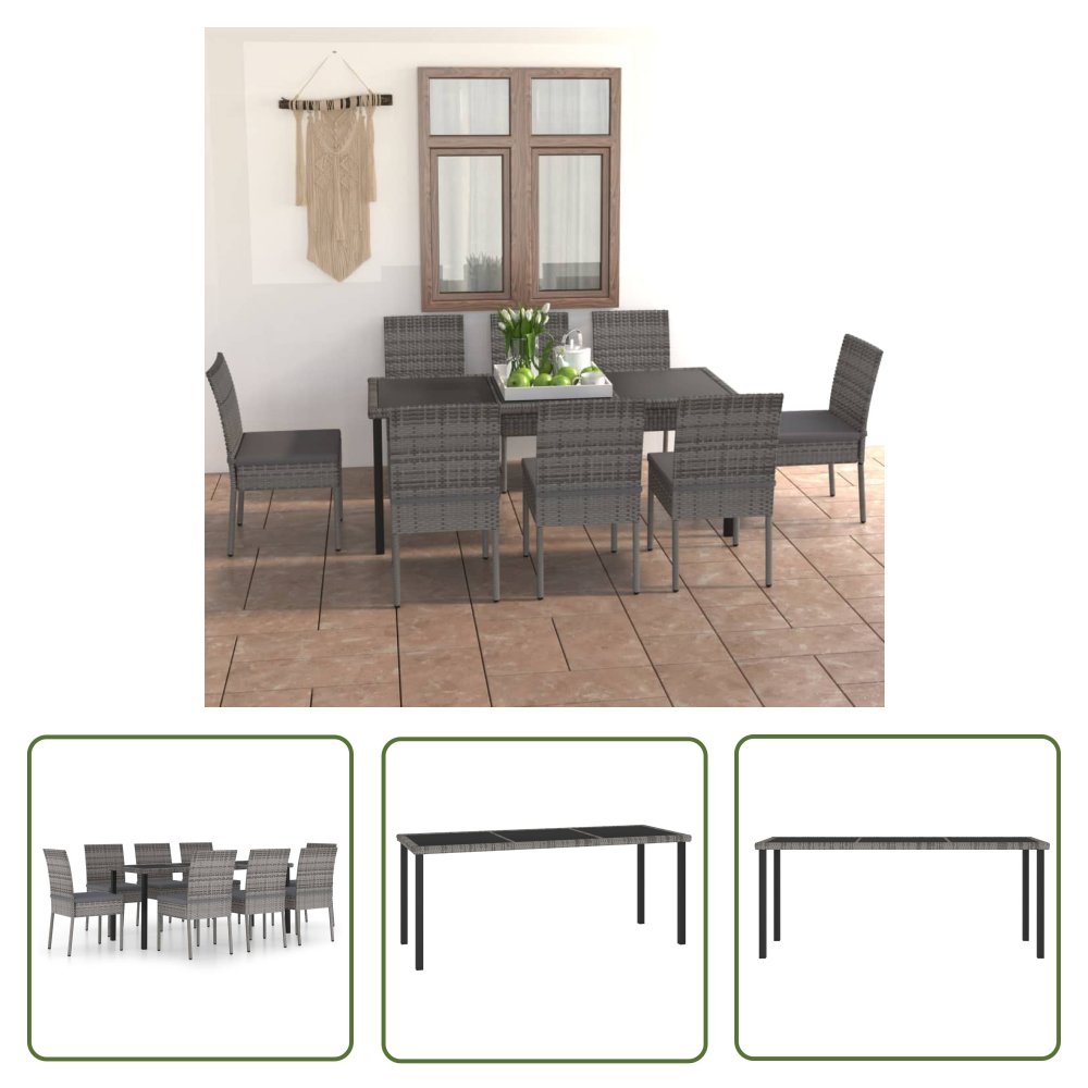 The Living Store 9-cz. zestaw mebli ogrodowych - polirattan - szary - Zestaw Mebli Jadalnianych