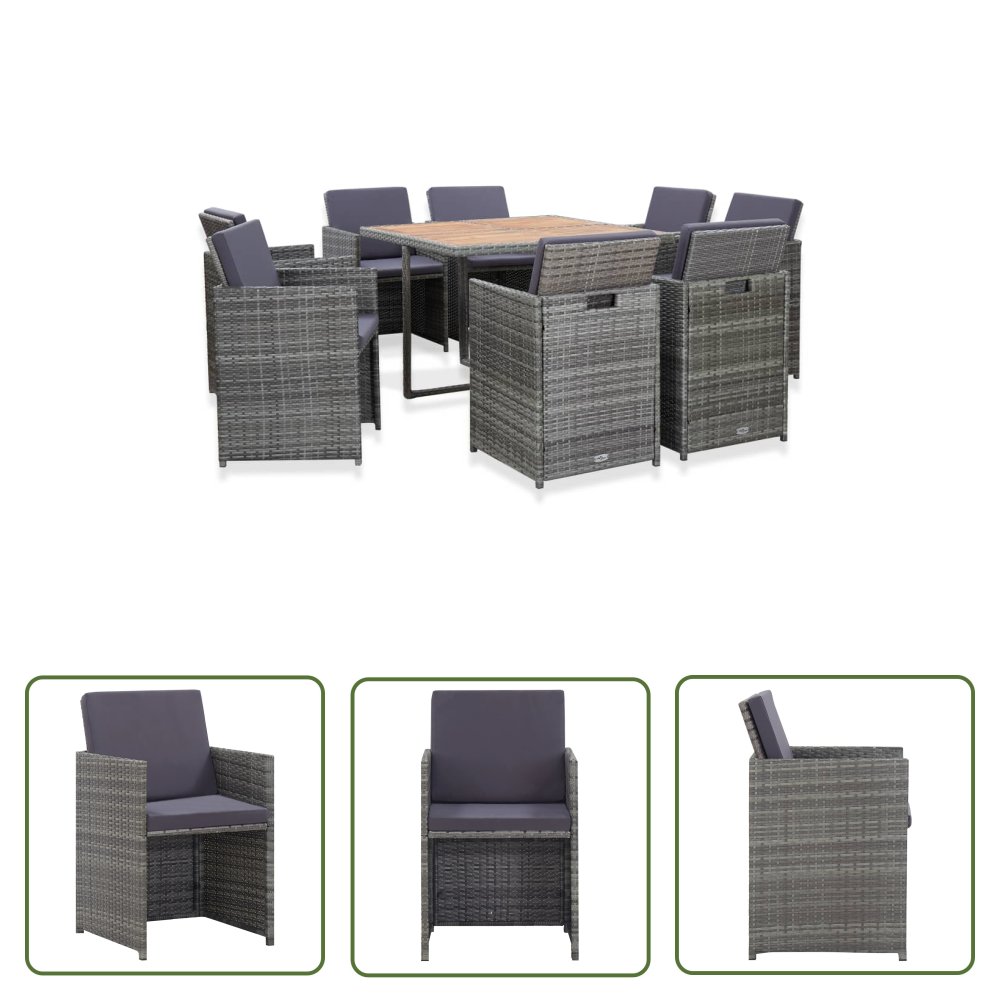 The Living Store 9-cz. zestaw mebli do ogrodu z poduszkami - rattan PE - antracyt - Ogrodowy Stół I Krzesła