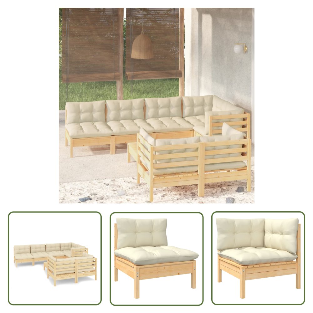 The Living Store 8-cz. zestaw wypoczynkowy do ogrodu - kremowe poduszki - sosnowy - Zestaw Wypoczynkowy Do Ogrodu