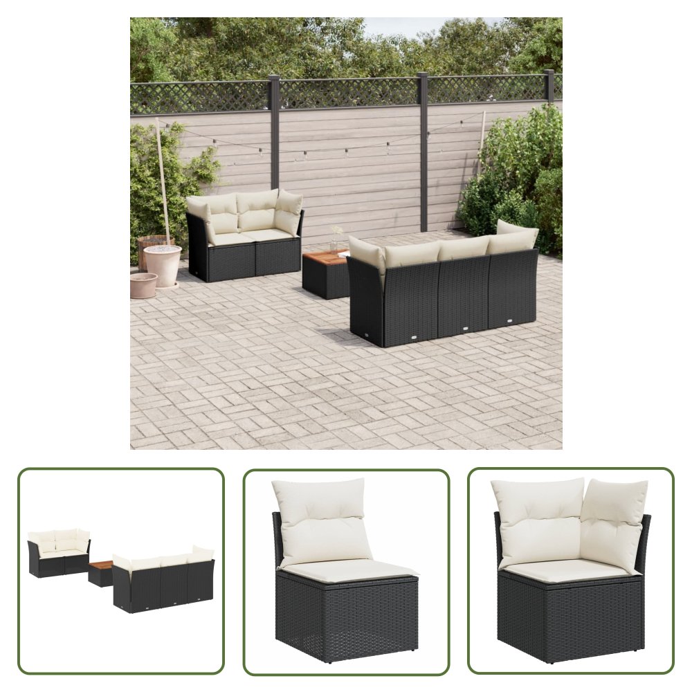 The Living Store 6-cz. zestaw mebli ogrodowych z poduszkami - czarny polirattan - Sofa Ogrodowa