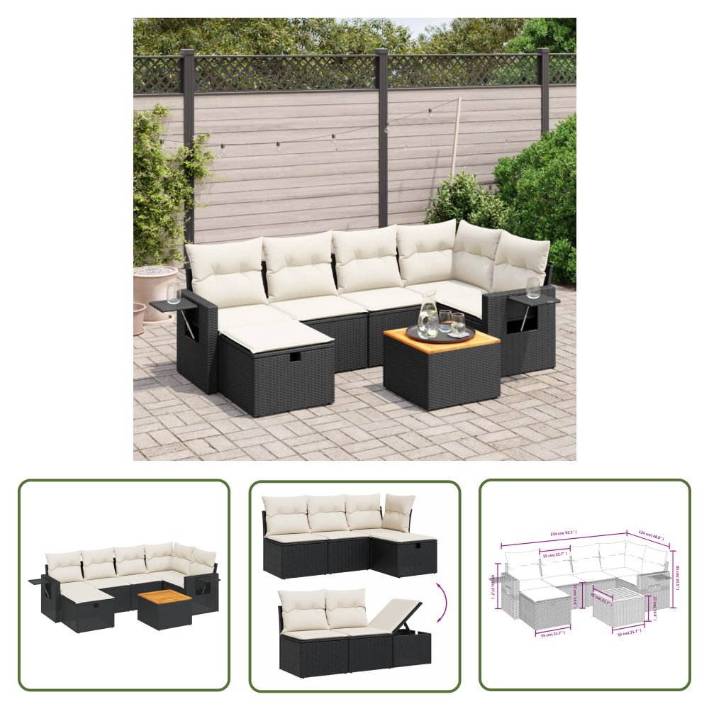 The Living Store 7-cz. zestaw wypoczynkowy do ogrodu - z poduszkami - czarny - Sofa Ogrodowa