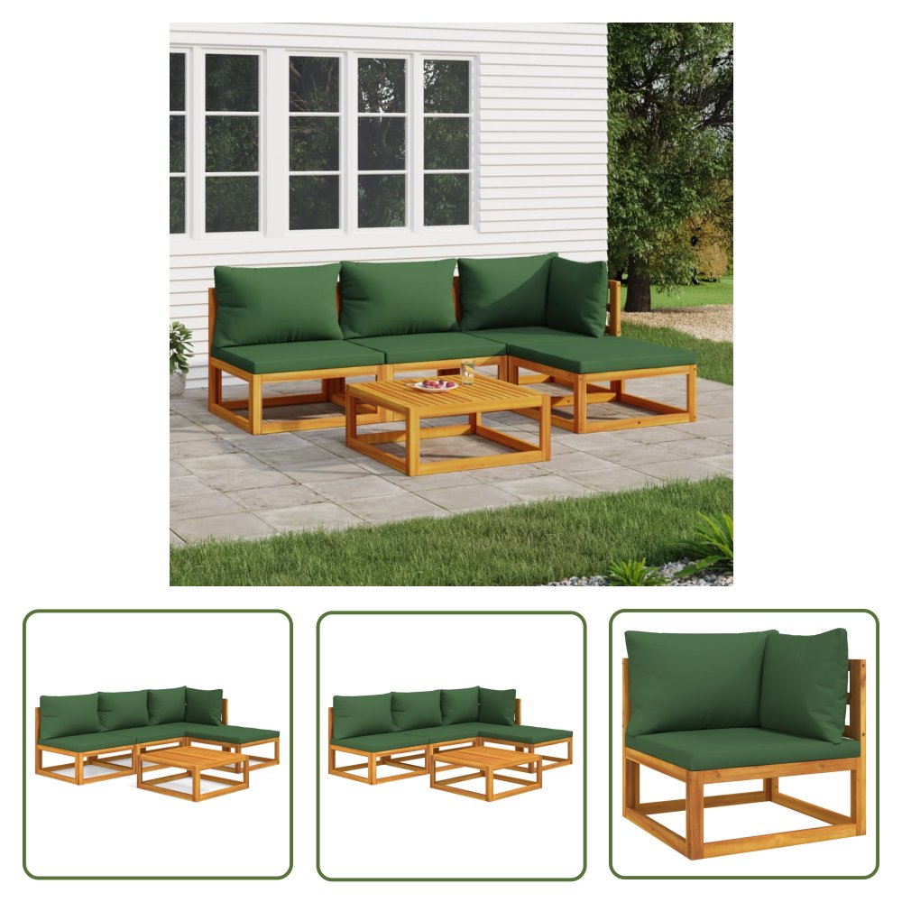 The Living Store 5-cz. ogrodowy zestaw wypoczynkowy - zielone poduszki - drewno - Zestaw Wypoczynkowy Do Ogrodu