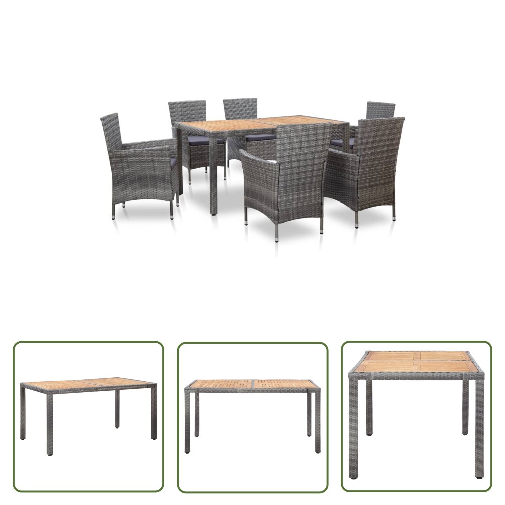 The Living Store 7-cz. zestaw mebli ogrodowych z poduszkami - rattan PE - szary - Zestaw Jadalniany