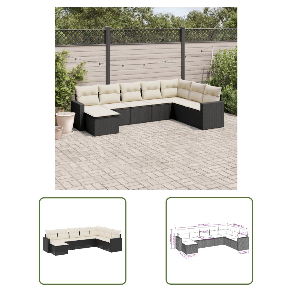 The Living Store 8-cz. zestaw wypoczynkowy do ogrodu - z poduszkami - czarny - Sofa Ogrodowa
