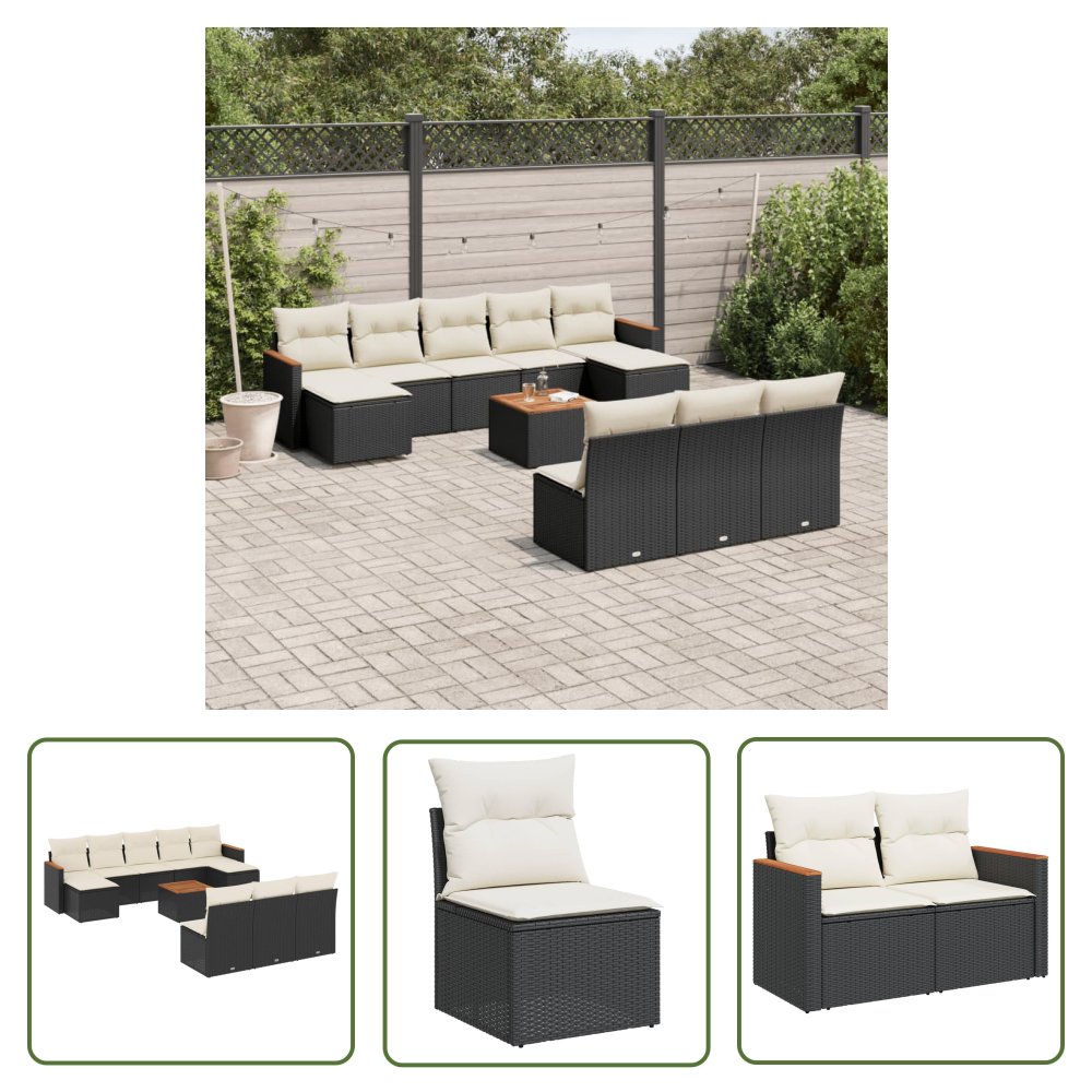 The Living Store 11-cz. zestaw wypoczynkowy do ogrodu - poduszki czarny rattan PE - Sofa Ogrodowa