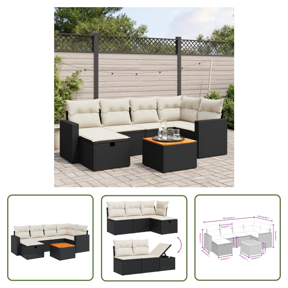 The Living Store 7-cz. zestaw wypoczynkowy do ogrodu - z poduszkami - czarny - Sofa Ogrodowa