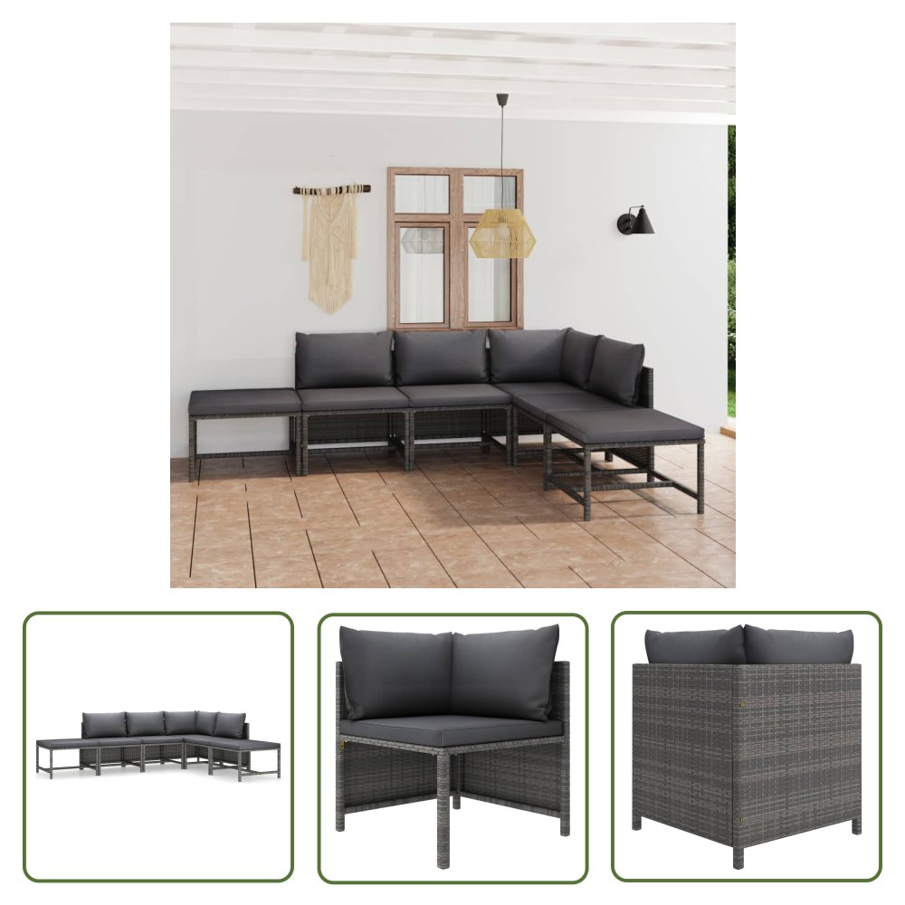 The Living Store 6-cz. zestaw wypoczynkowy do ogrodu - poduszki - rattan PE - szary - Ogrodowy Zestaw Wypoczynkowy