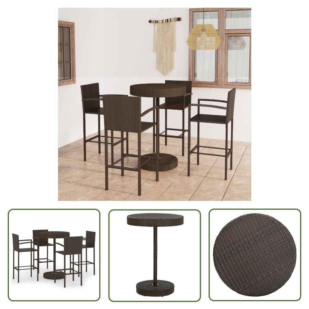 The Living Store 5-cz. zestaw mebli barowych do ogrodu - rattan PE - brązowy - Zestaw Mebli Ogrodowych