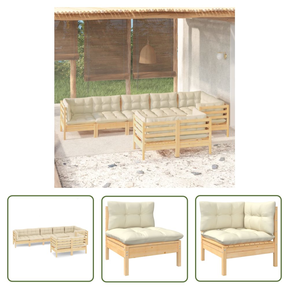 The Living Store 8-cz. zestaw wypoczynkowy do ogrodu - kremowe poduszki - sosnowy - Zestaw Wypoczynkowy Do Ogrodu