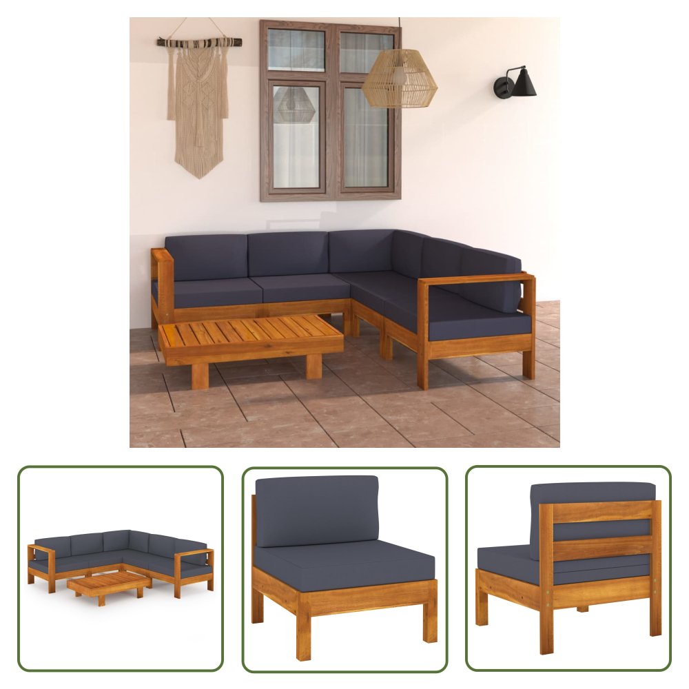 The Living Store 6-cz. zestaw mebli ogrodowych - ciemnoszare poduszki - akacja - Ogrodowy Zestaw Wypoczynkowy