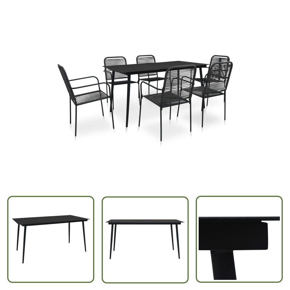 The Living Store 7-cz. zestaw mebli jadalnianych do ogrodu - sznur i stal - czarny - Zestaw Jadalniany