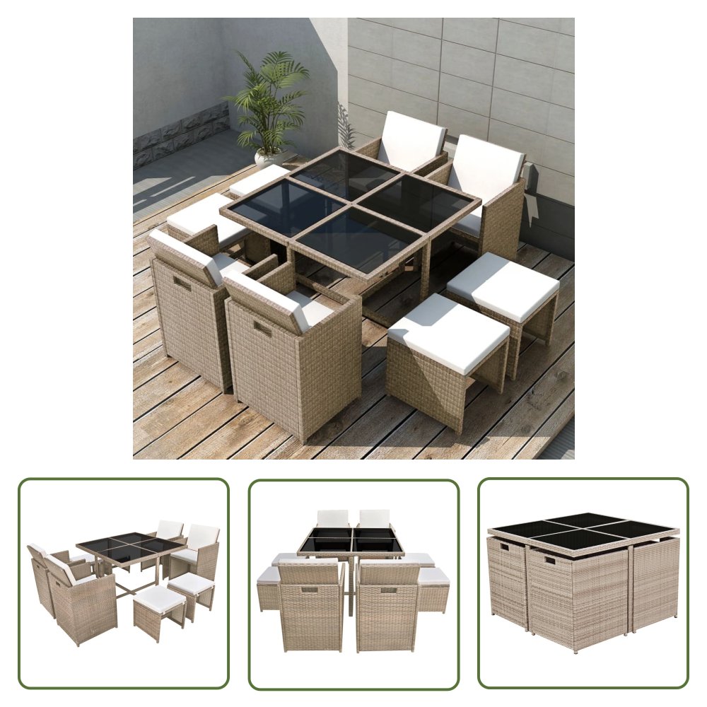 The Living Store 9-cz. zestaw mebli ogrodowych z poduszkami - rattan PE - beżowy - Ogrodowy Stół I Krzesła