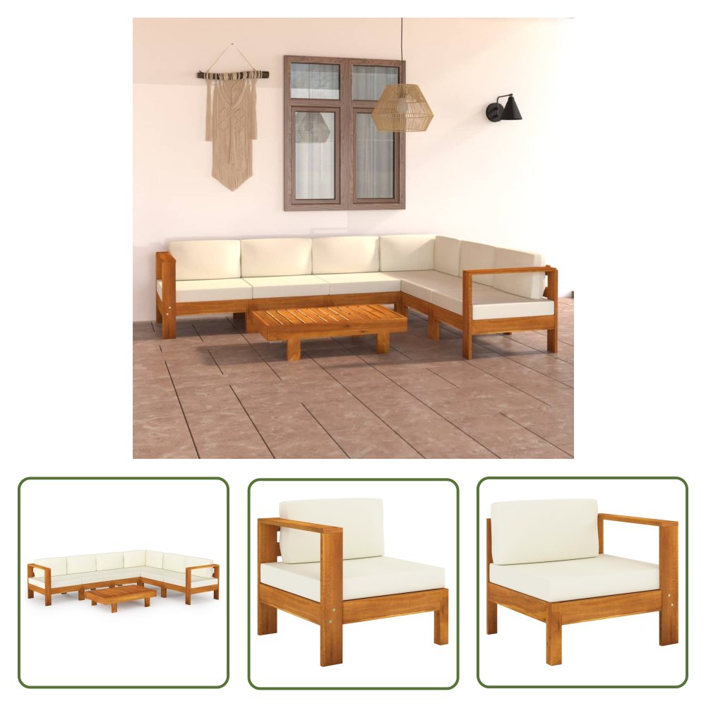 The Living Store 7-cz. zestaw wypoczynkowy do ogrodu - kremowe poduszki - akacja - Ogrodowy Zestaw Wypoczynkowy