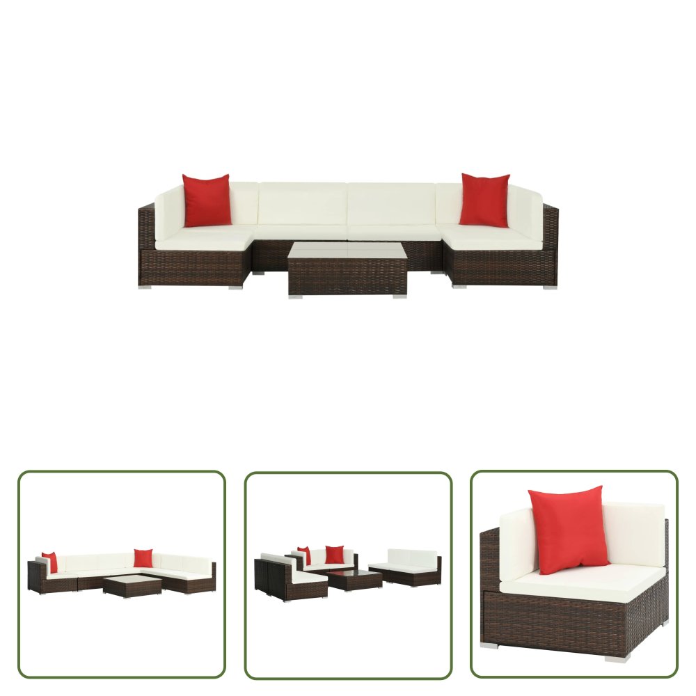 The Living Store 7-cz. zestaw wypoczynkowy do ogrodu - poduszki - rattan PE - brąz - Zestaw Mebli Ogrodowych