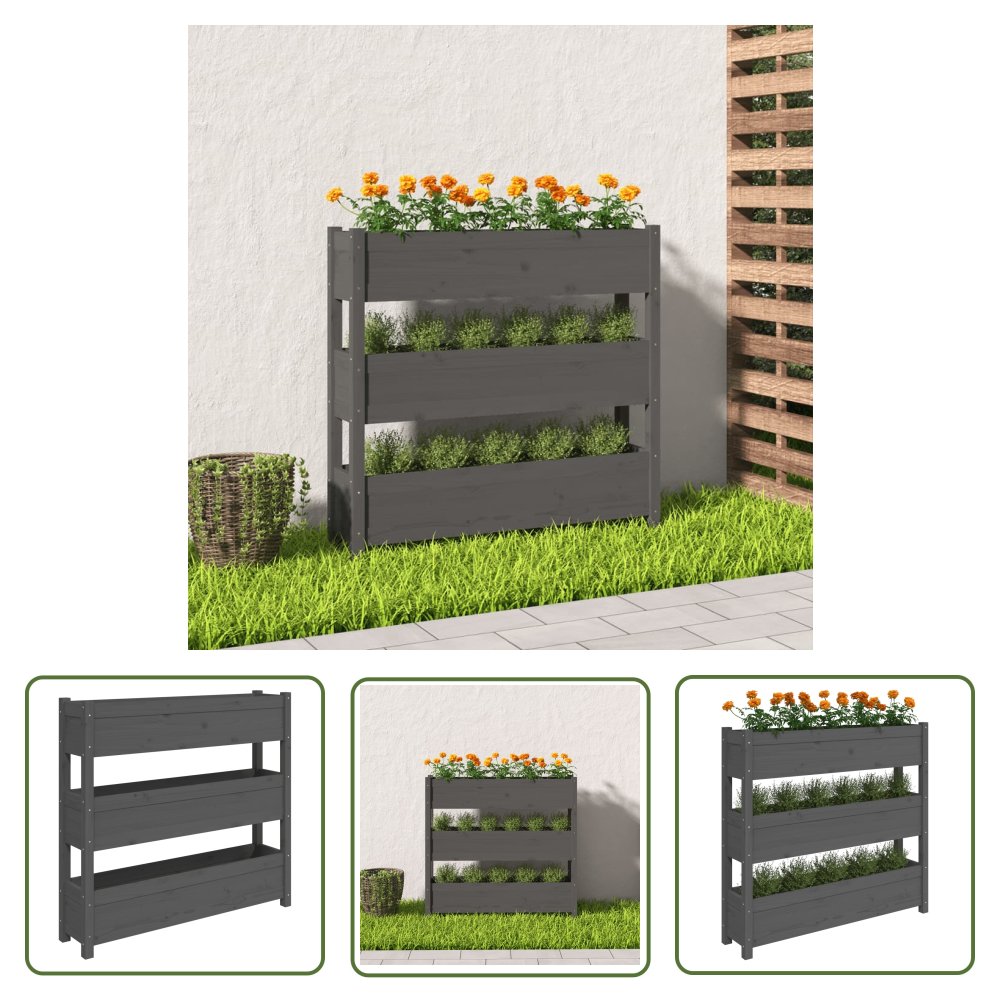 The Living Store Donica - szara - 112x25x104 -5 cm - lite drewno sosnowe - Donica Ogrodowa