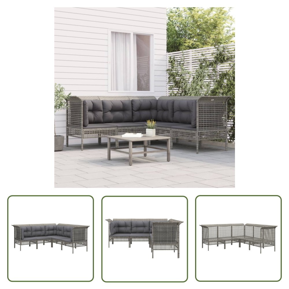 The Living Store 5-cz. zestaw wypoczynkowy do ogrodu - poduszki - szary - rattan PE - Meble Ogrodowe
