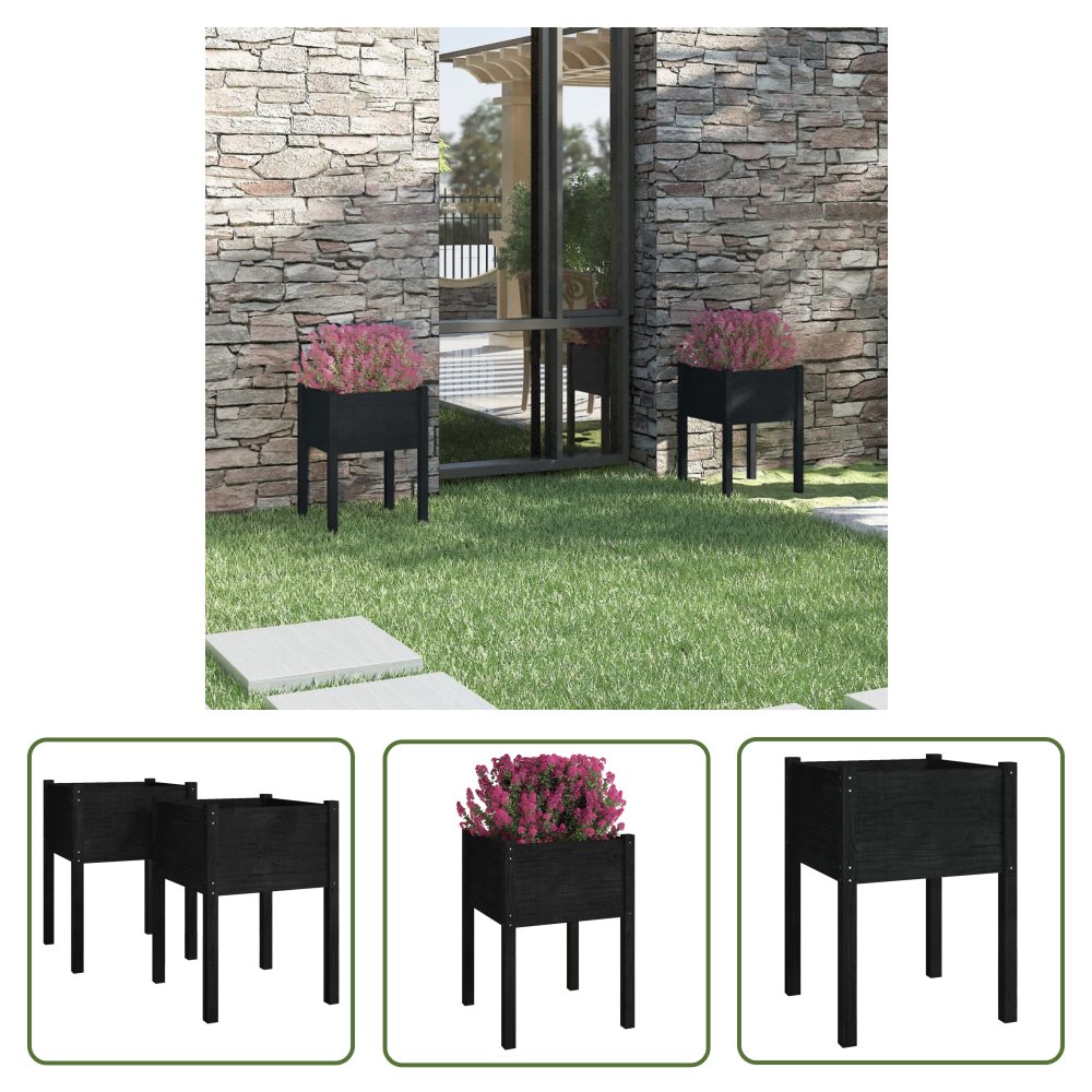 The Living Store Donice ogrodowe - 2 szt. - czarne - 50x50x70 cm - drewno sosnowe - Podwyższona Donica