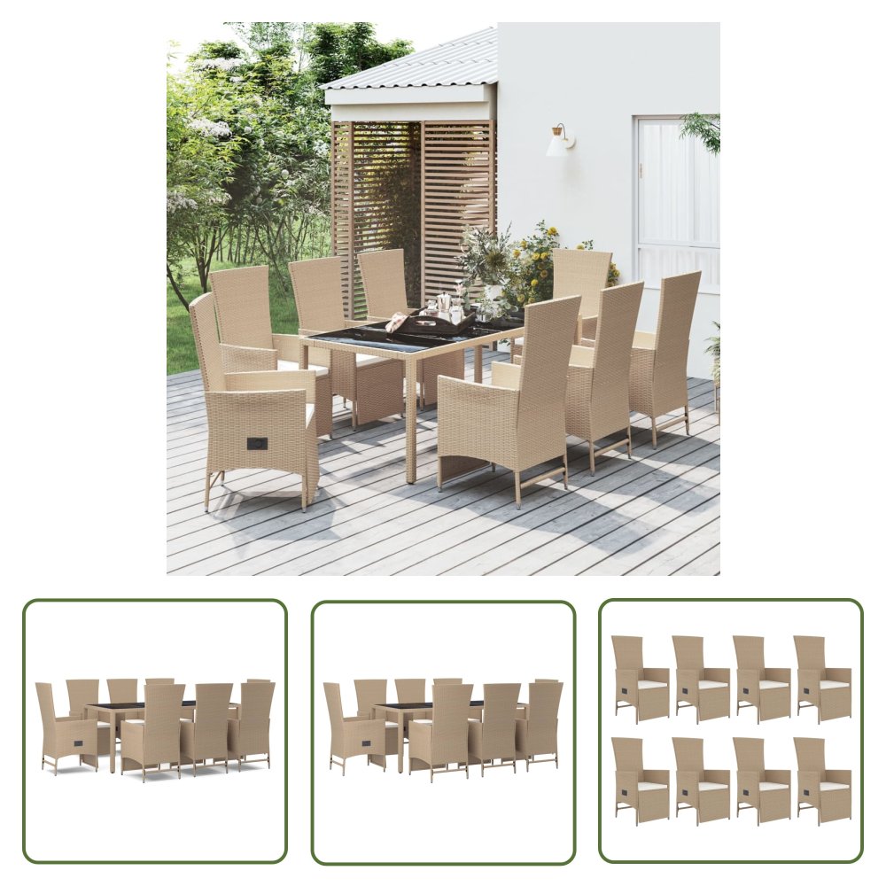 The Living Store 9-cz. zestaw mebli ogrodowych z poduszkami - beżowy - polirattan - Zestaw Mebli Ogrodowych