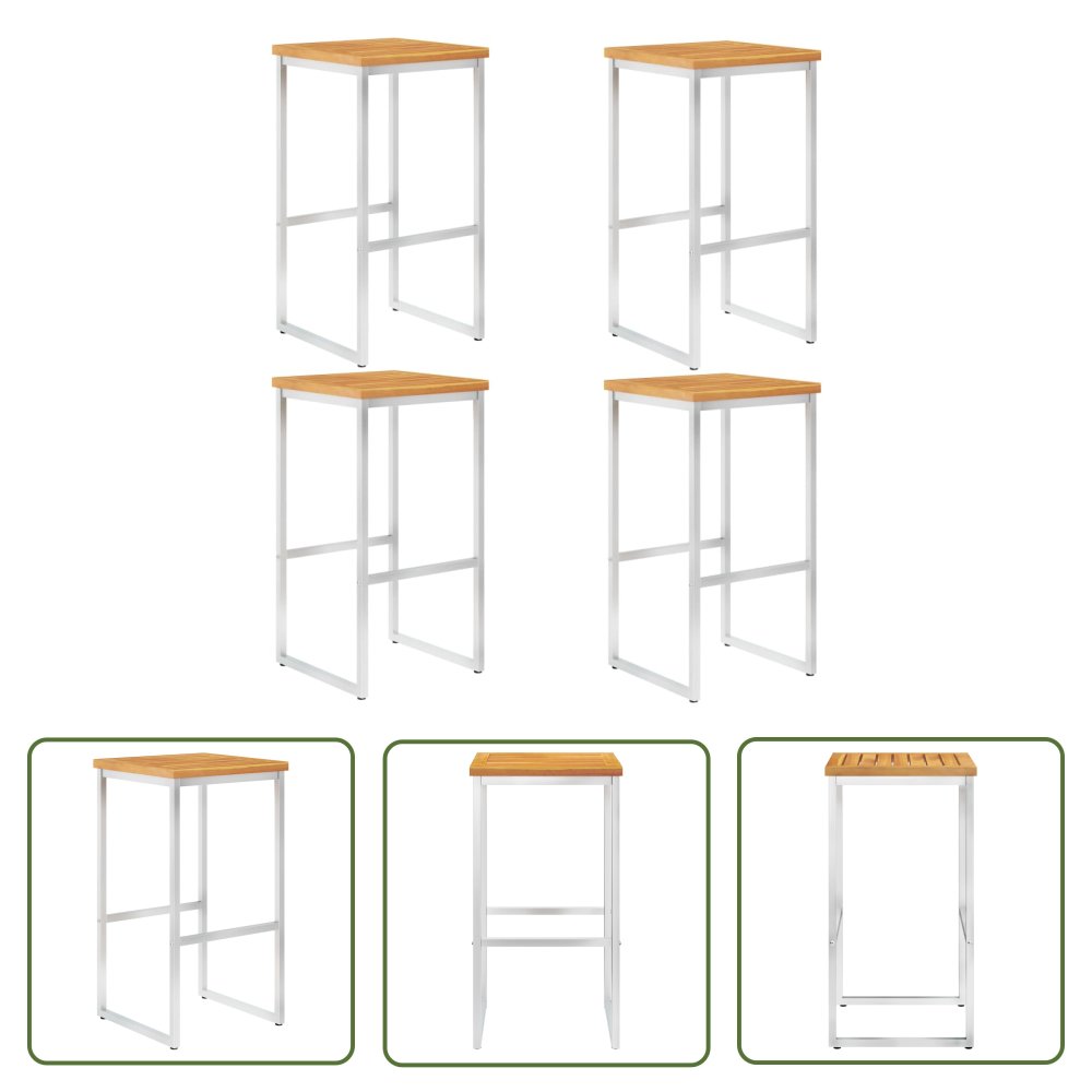 The Living Store Stołki barowe - 4 szt. - lite drewno akacjowe i stal nierdzewna - Krzesło Barowe