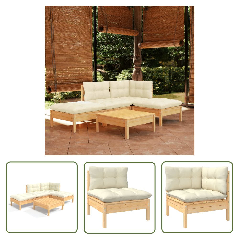 The Living Store 5-cz. zestaw wypoczynkowy do ogrodu - kremowe poduszki - sosnowy - Zestaw Wypoczynkowy Do Ogrodu